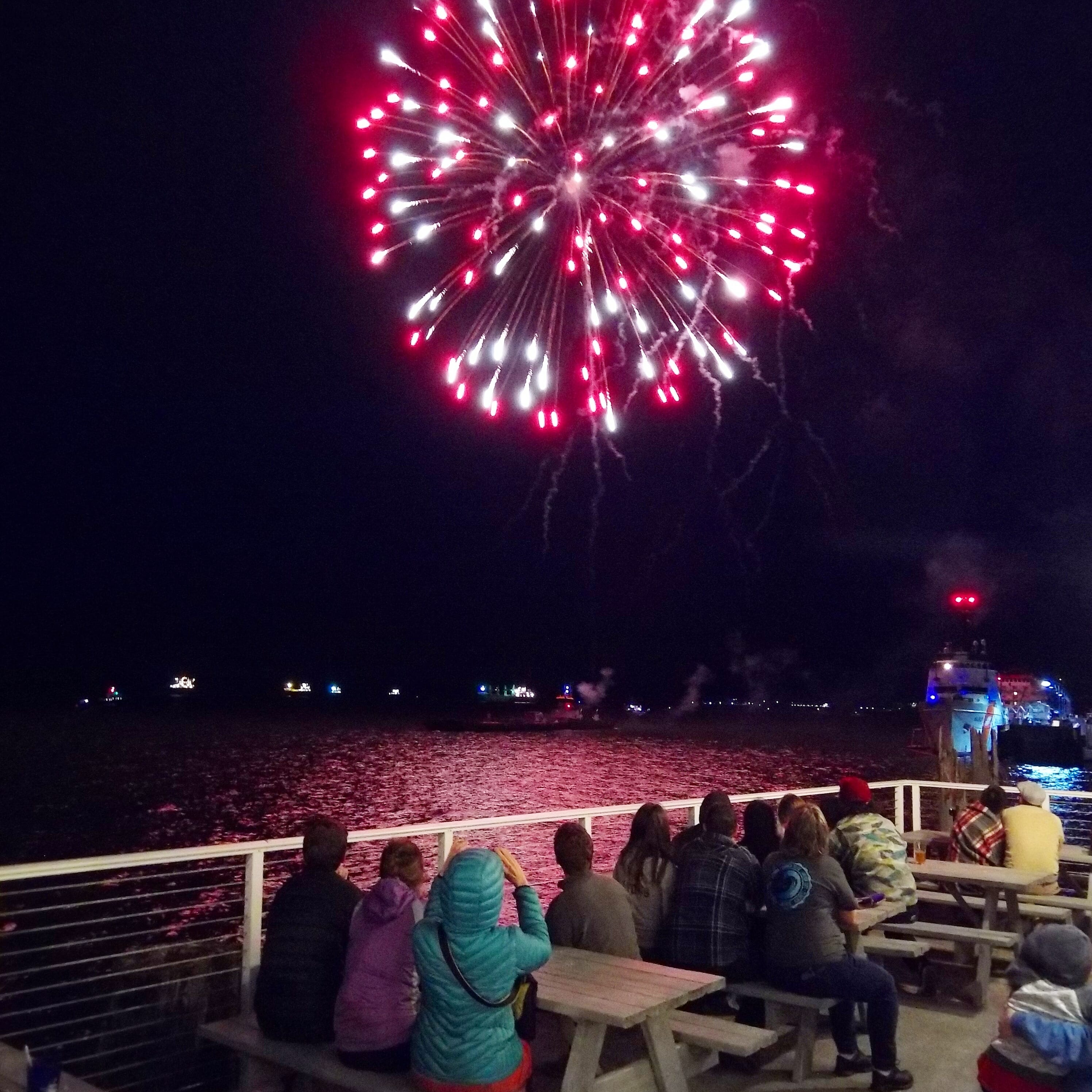 Spectators watch fireworks over the Columbia River in Astoria, Oregon.