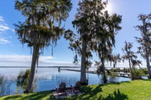 Chairs overlooking the lake in Crescent City, Florida.