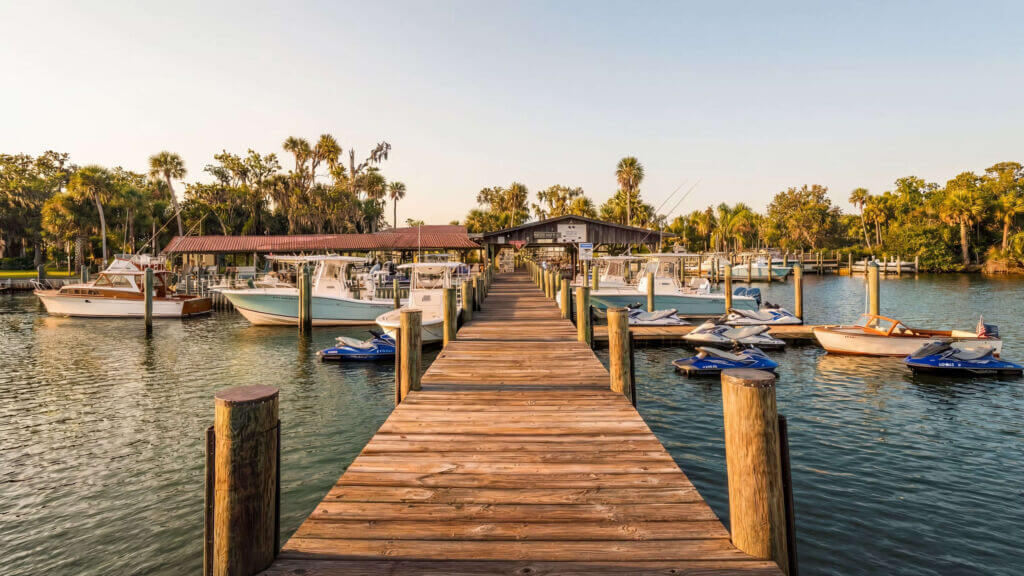 A dock view of Renegades on the River from the lake