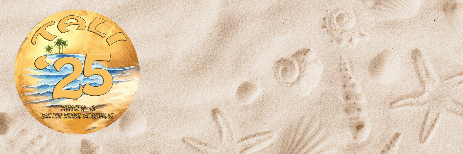 Top view of a sandy beach texture with imprints of exotic seashells and starfish as natural textured background