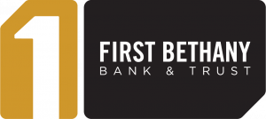 Logo of First Bethany Bank & Trust - Gold "1" Bank name in white on black background