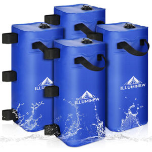 Water weights. All tents are required to have a minimum of 40 lbs. of weight on each leg.