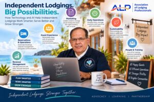 Independent Lodging. Big Possibilities. Man sitting at computer.