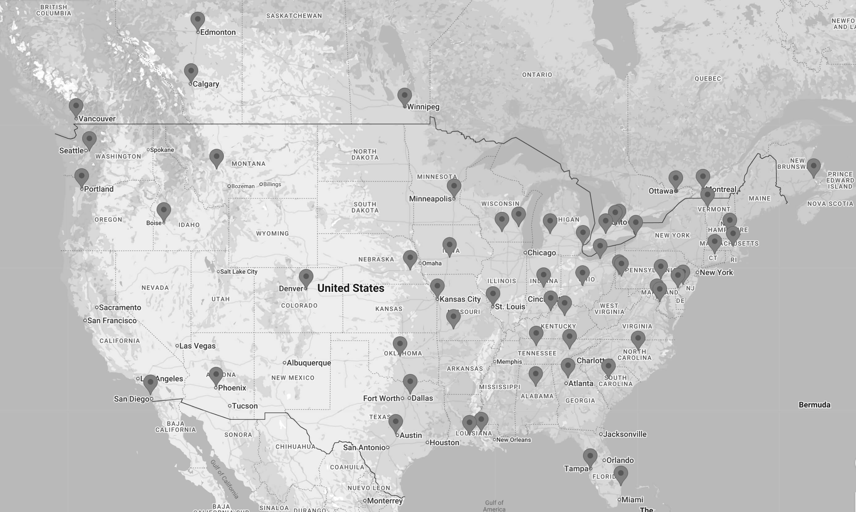 TECNA-Member-Map-2026-aug-bw.jpg map of north america with pins noting the locations of all TECNA's Member Councils throughout the US and Canada
