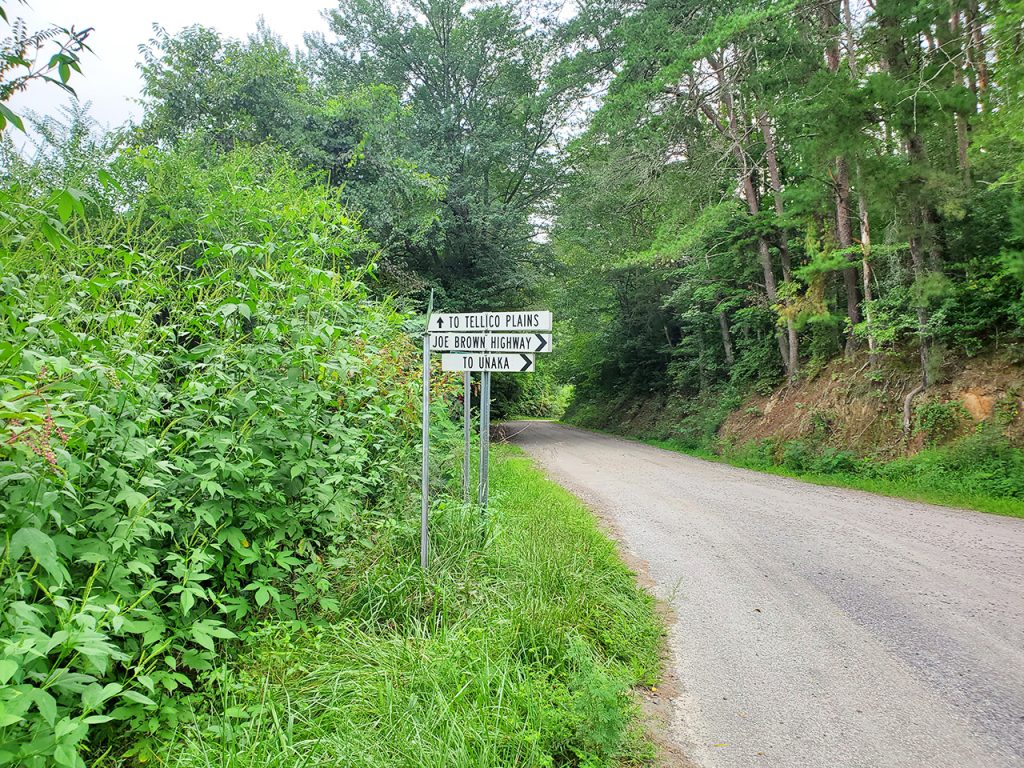 The sign for Tellico Plains and Joe Brown Highway on Rt 294 in Cherokee County, Murphy NC