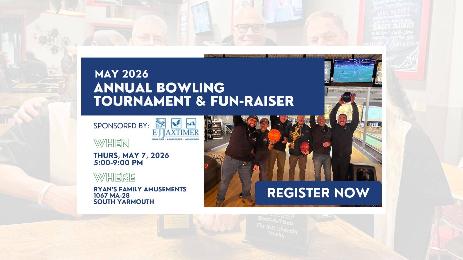 A website slider for the upcoming HBRACC Annual Bowling Tournament & Fun-Raiser