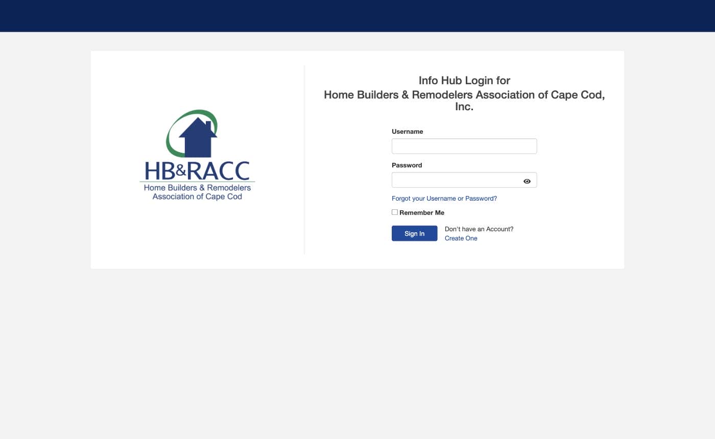 HBRACC Info Hub login page with the Forgot your Username or Password link