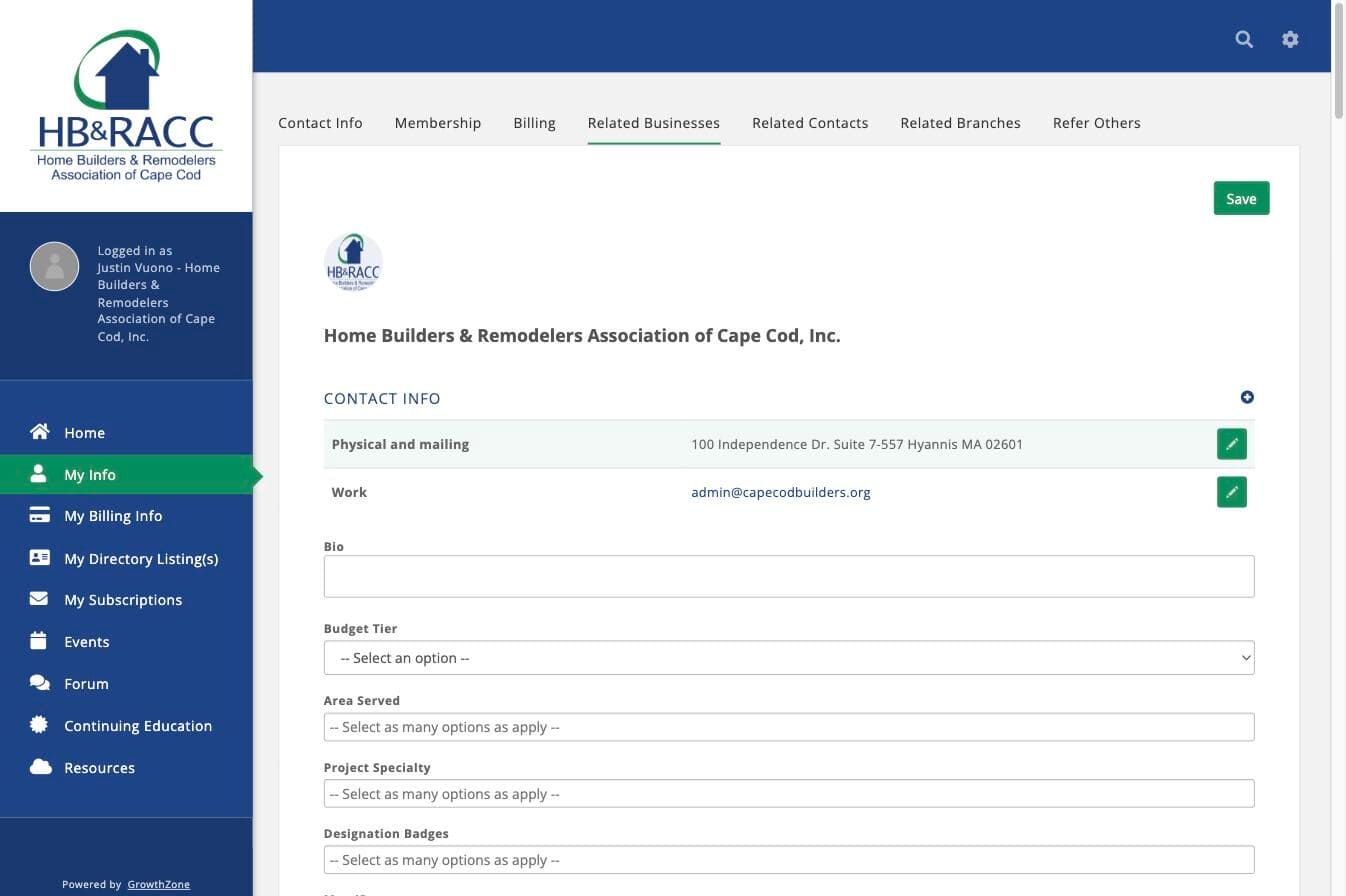 HBRACC Info Hub My Info Related Businesses tab showing Budget Tier, Area Served, Project Specialty and Designation Badges fields