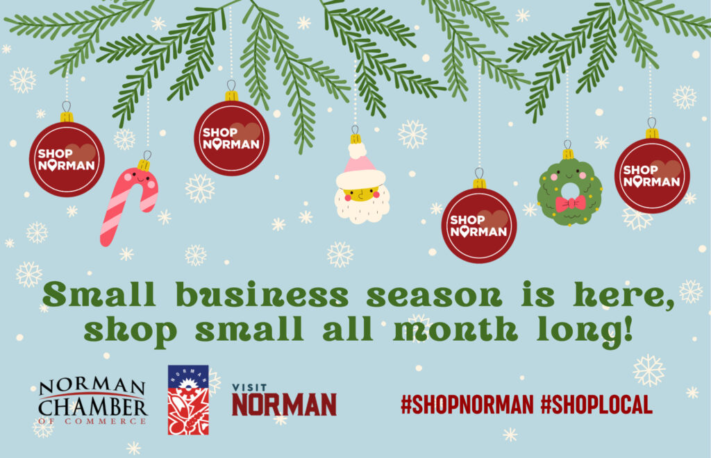 Decorative banner with graphics depicting Christmas ornaments hanging from garland with a Shop Norman icon interspersed. A headline reads "Small business season is here, shop small all month long!" Logos of the Norman Chamber, City of Norman and Visit Norman are along the bottom of the image. #ShopNorman #ShopLocal