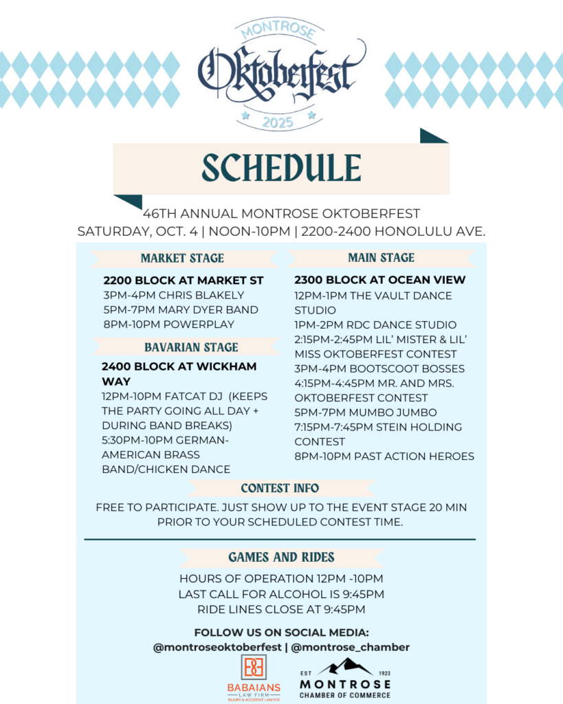 2025 Montrose Oktoberfest Entertainment Schedule The entertainment lineup for the 2025 Montrose Oktoberfest for all three of our stages plus the contests.