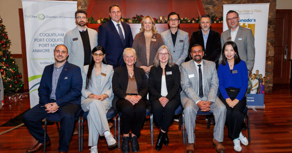 2025 Tri-Cities Chamber of Commerce Board of Directors newly appointed and elected at the 53nd Annual General Meeting. L to R front row: Eric Salvador (Treasurer), Reihaneh Mirjani, Vivien Symington (Board Chair), Leslie Courchesne (Former CEO), Pulkit Sharma, Katherine Kim. L to R back row: Justin Levine, Daniel Richardson (Past Chair),  Jennifer McKinnon (CEO), Chris Chong, Mohammad Darwish (Vice Chair) and Ryan Jamieson.