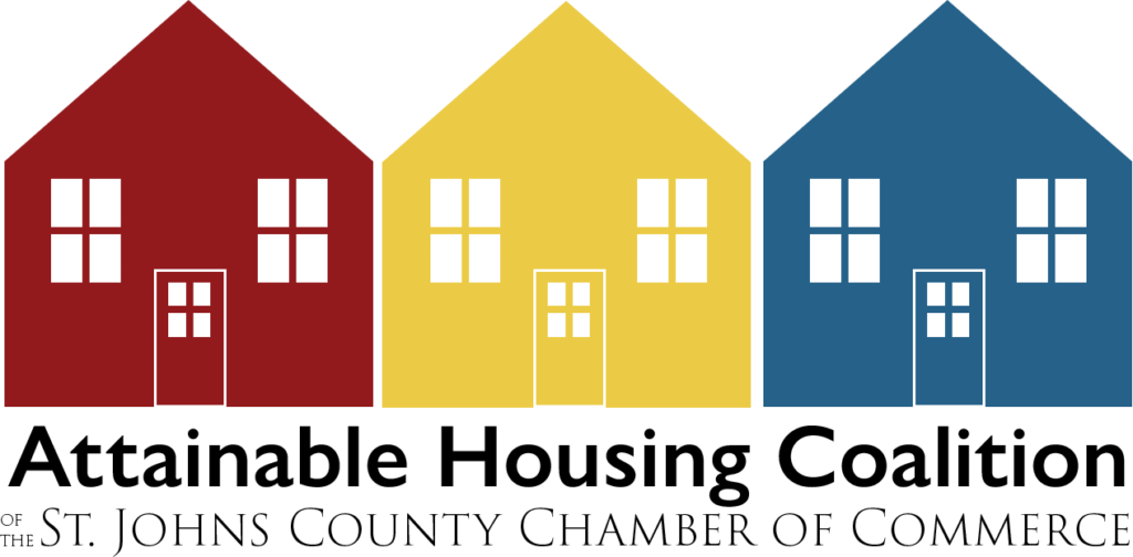 Logo image of three illustrated houses in red, yellow and blue, with text Attainable Housing Coalition of the St. Johns County Chamber of Commerce