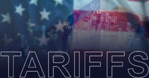Image depicting tariff increases with shipping containers and the American flag in the background