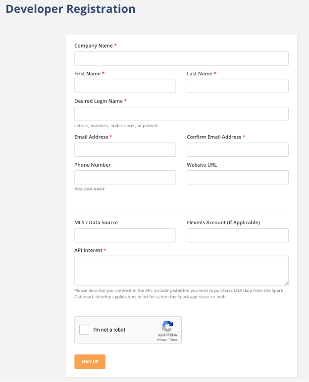 Image of Developer Registration Form on Spark site