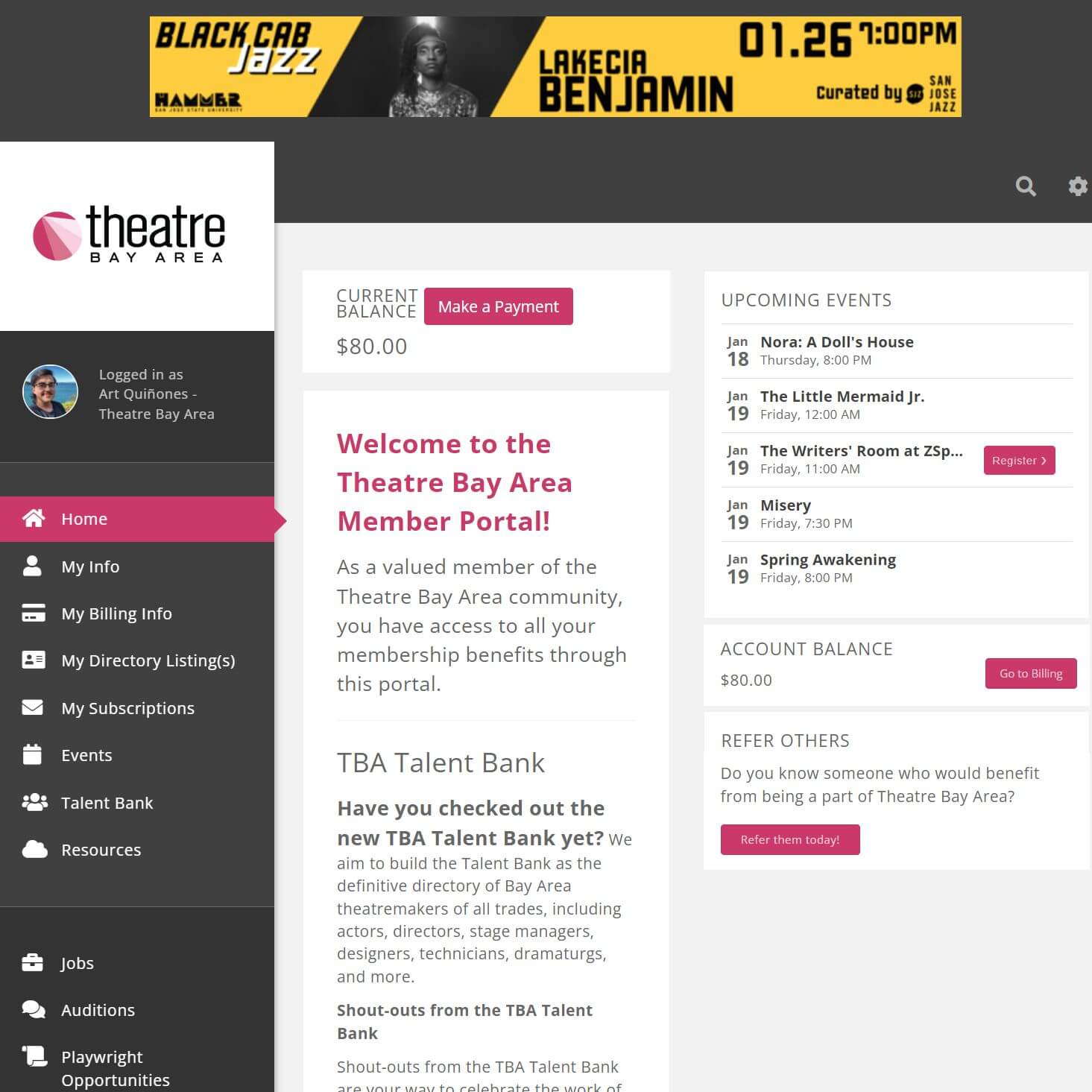 Screenshot of the member portal with an ad at the top