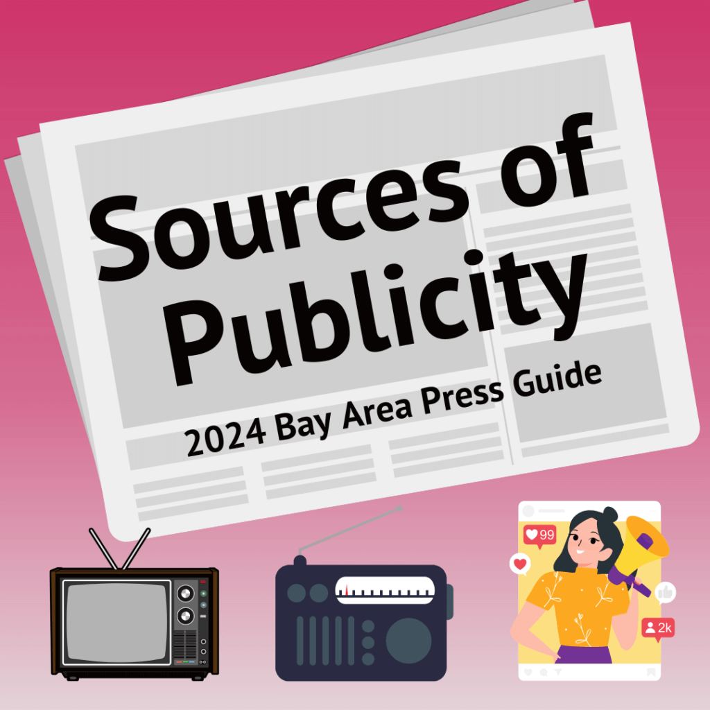 Sources of publicity, with illustrations representing newspaper, tv, radio and social media.