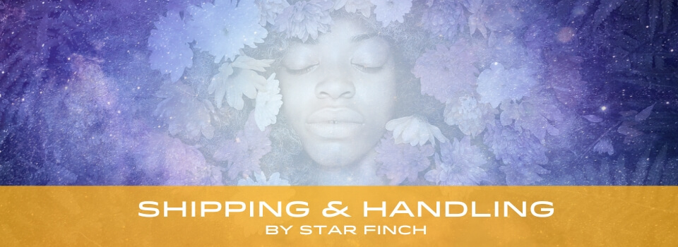 Shipping & handling show graphic. A Black person has their eyes closed, and is surrounded by flowers and a galaxy.