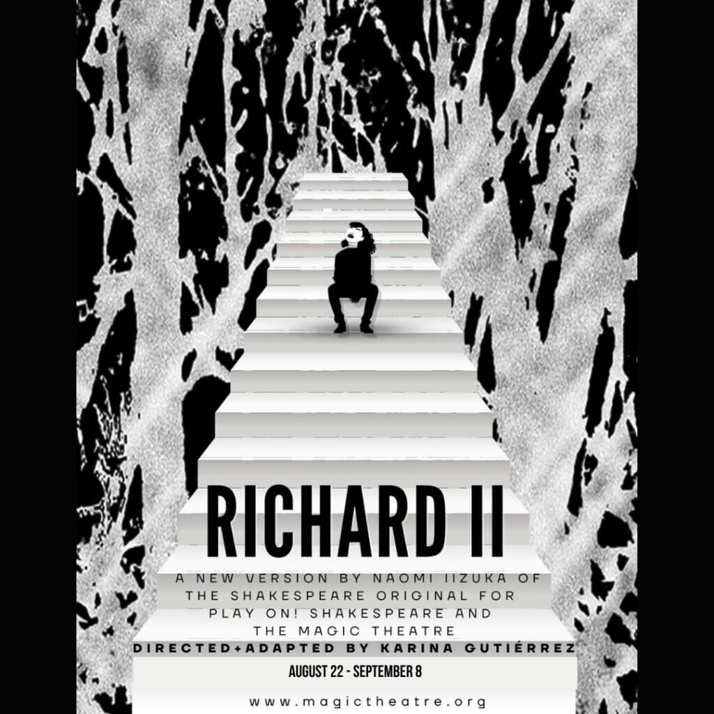 black and white illustration of someone sitting on an empty staircase. Richard II in large black font