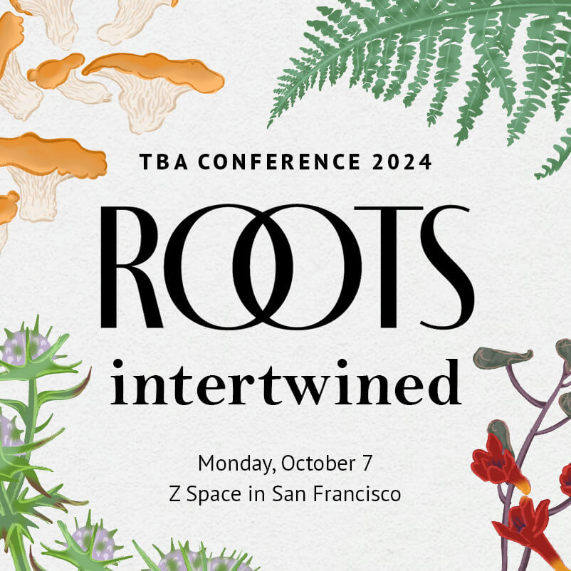 Roots intertwined conference graphic with the title the date and location surrounded by California botanicals