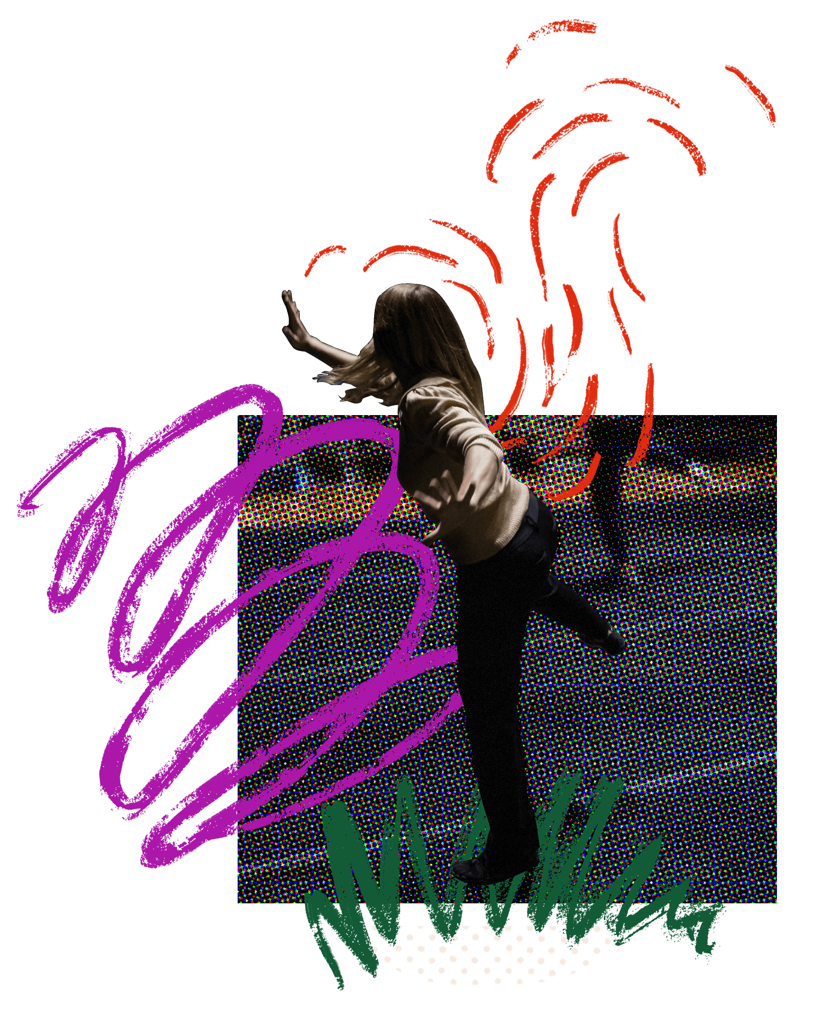 Cropped dancing TBAconnect25 person dancing with brightly colored illustrations over top