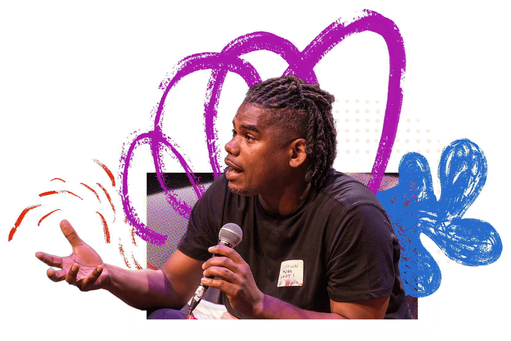 tbacon24-LeShawn - Less Headroom LeShawn Holcome speaking at the 2024 TBA Conference. LeShawn is a black man with his hair in twists. He is holding a microphone and speaking animatedly. Behind him there are colorful digital illustrations