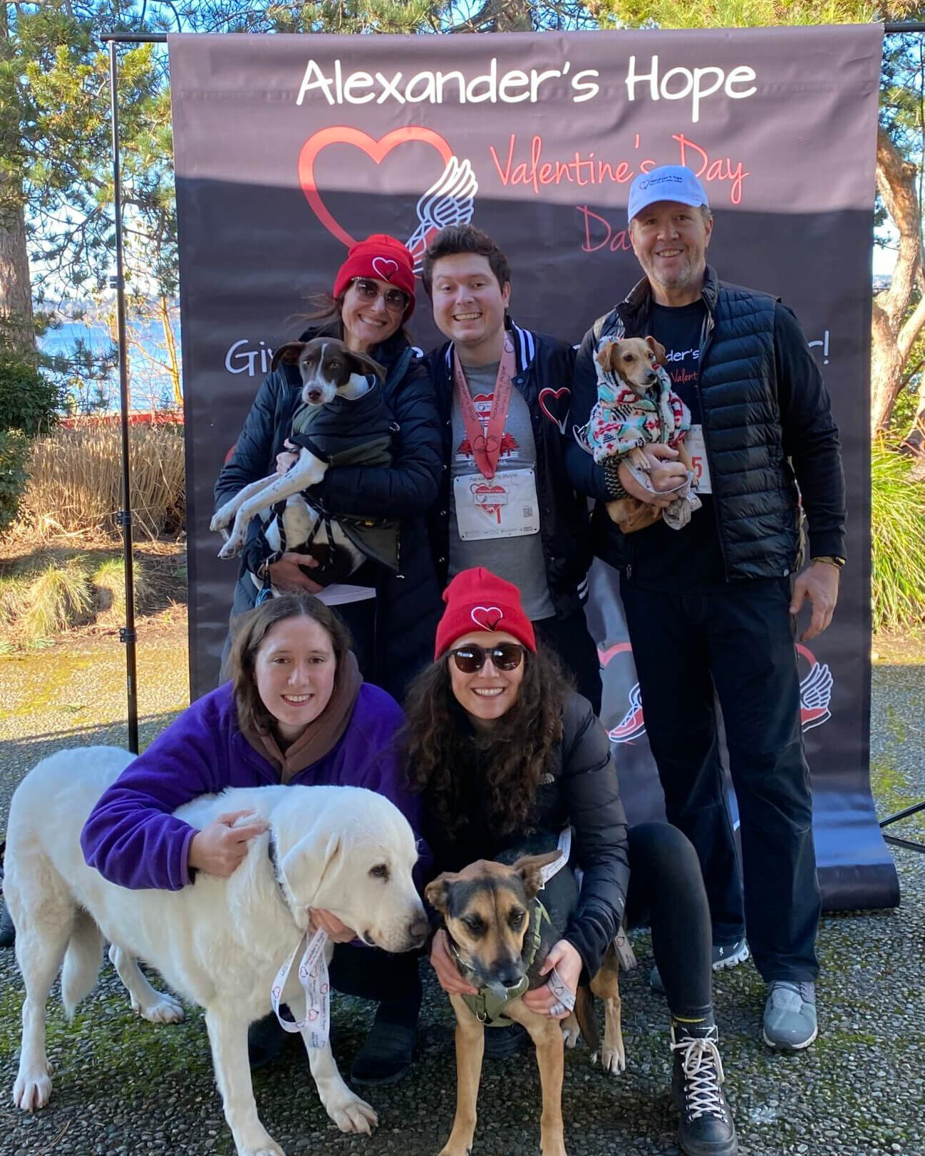 Chaffey family and some of their rescue dogs at the 3rd annual Alexander's Hope Valentine's Day Dash 5K, February 2022.