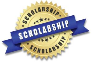 Scholarship golden badge vector with blue ribbon