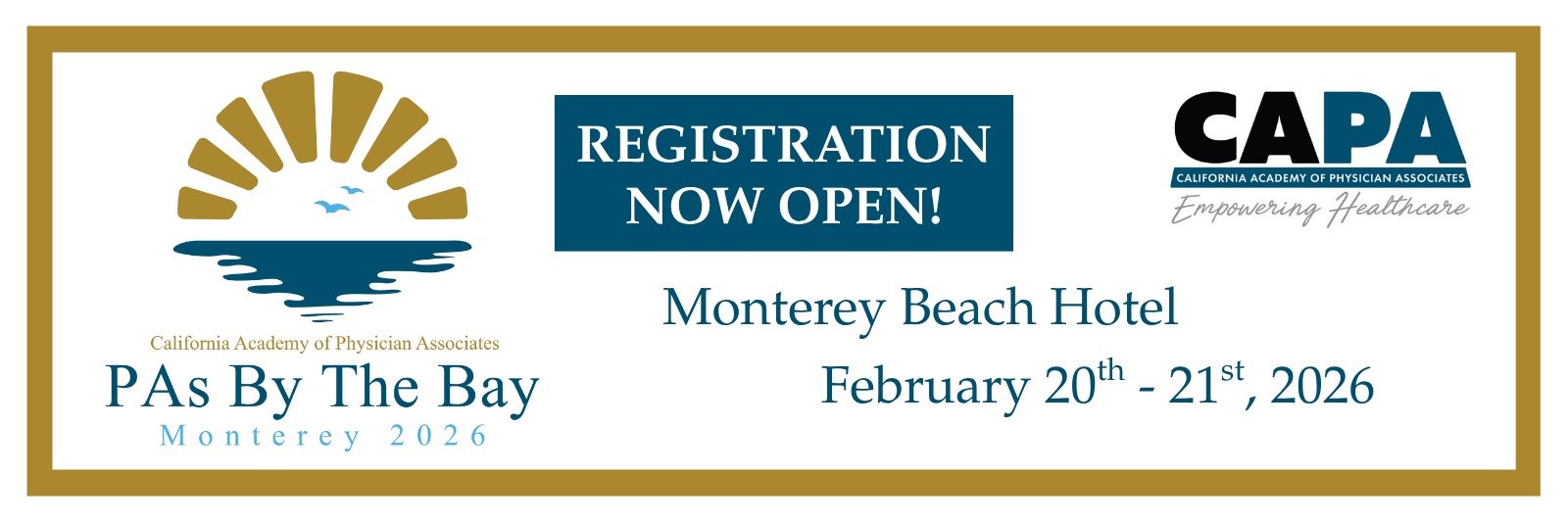 PAs By The Bay will take place in Monterey, California on February 20th-21st, 2026