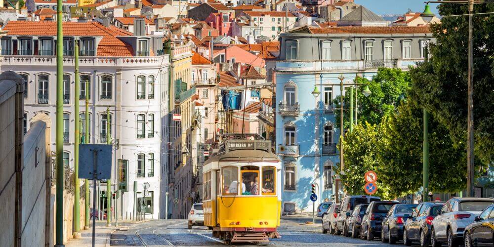 yellow streetcar in Lisbon