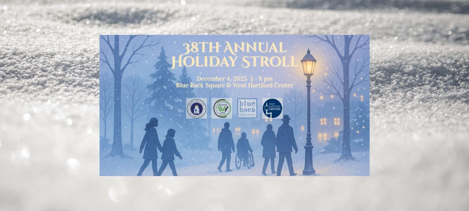silhouette of people walking through snow past evergreen trees, lamppost