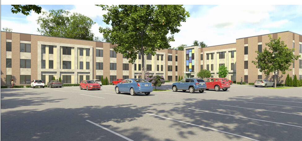 1422 North Main St. West Hartford CT Artist Rendering of back view of a 2 story light brick building