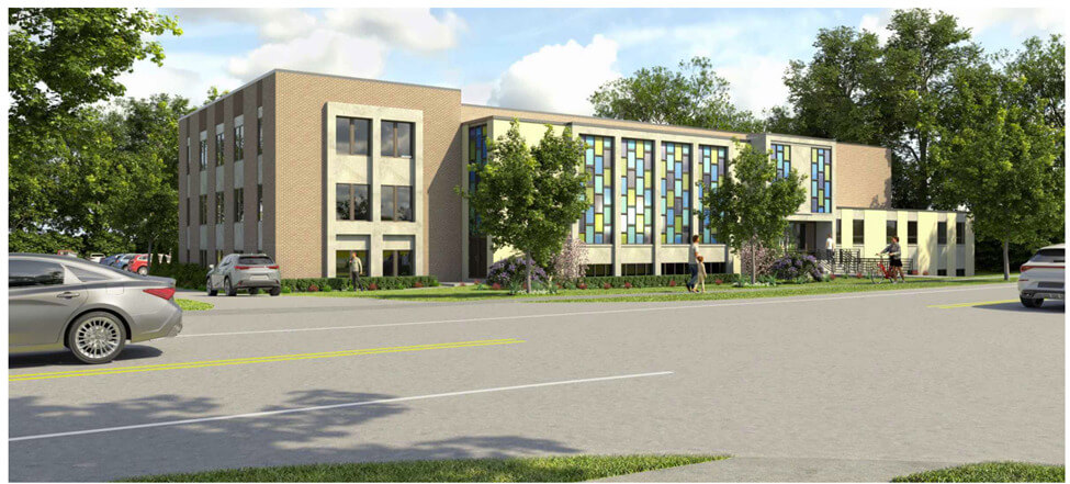 1422 North Main St. West Hartford CT Rendering of the front of a 3-story light colored brick building