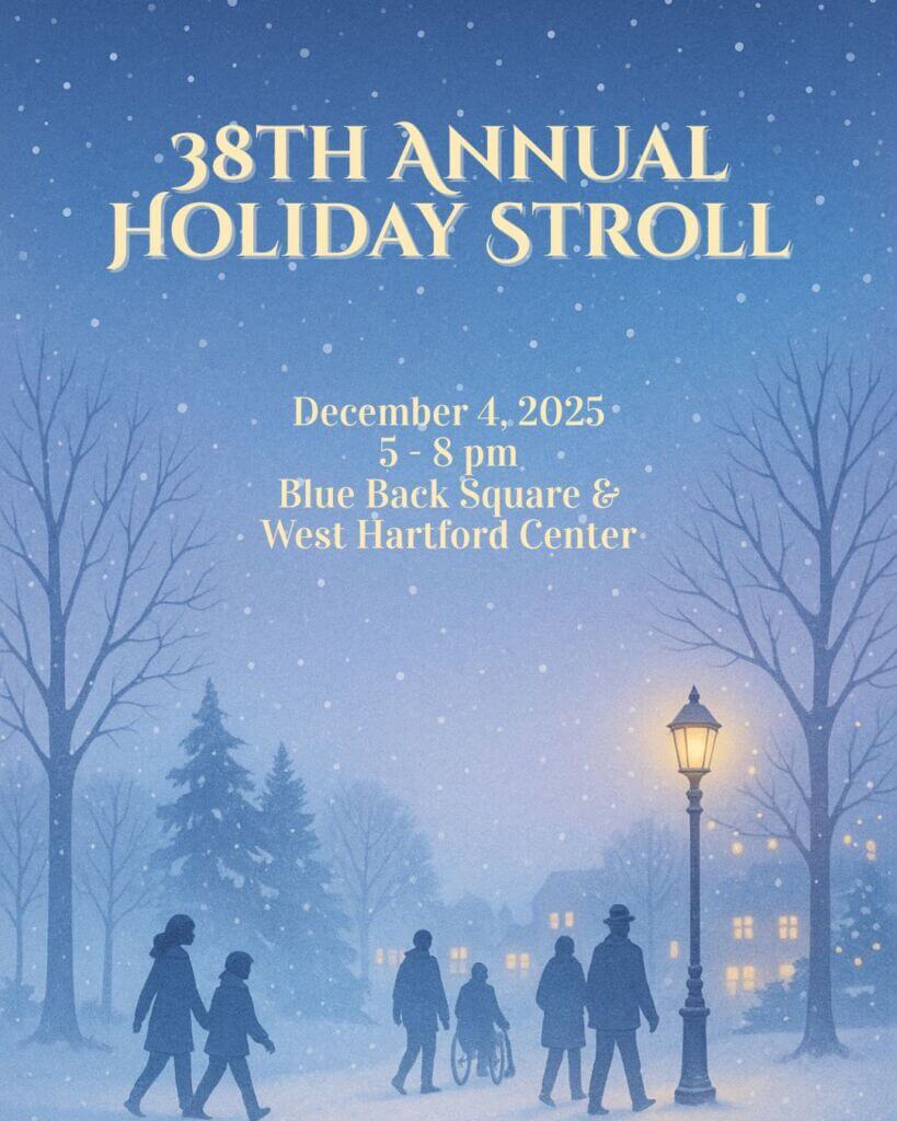 Holiday Stroll winter scene with silohuette people