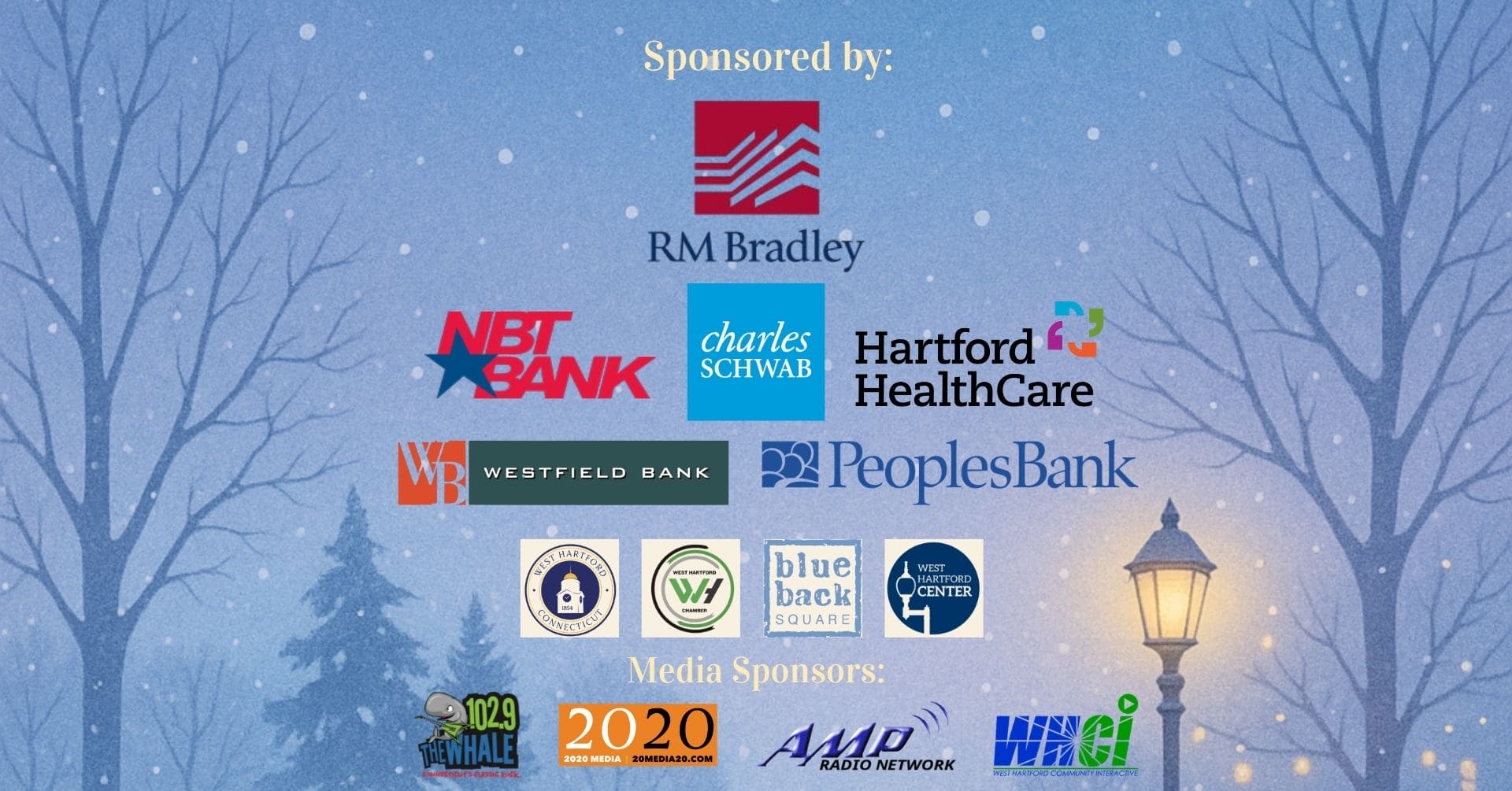 sponsor logos on a winter scene background