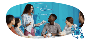 Illustration of a group of people having a conversation over a work table