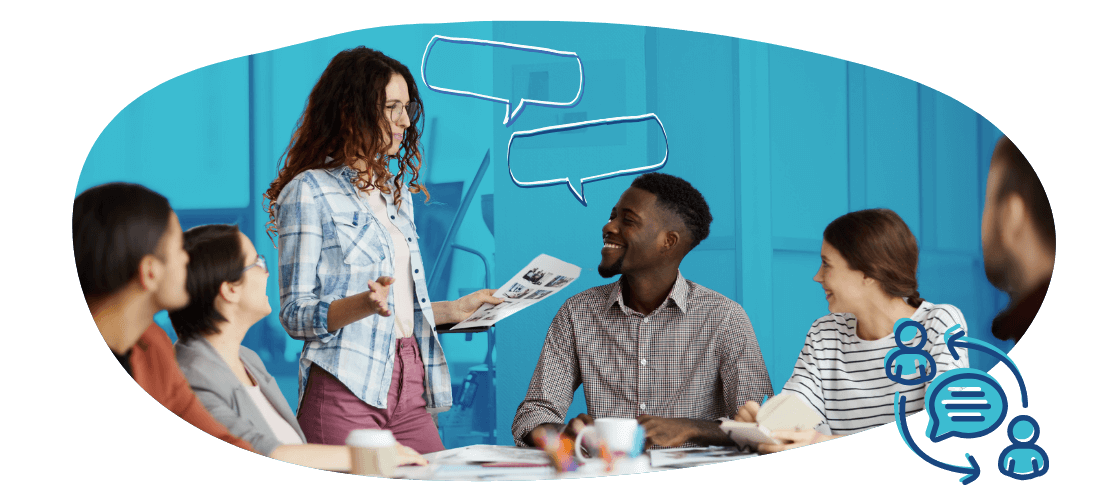 Illustration of a group of people having a conversation over a work table