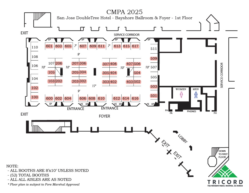 CMPA 2025 - Bayshore Ballroom and Foyer - San Jose DoubleTree - v7 CMPA Exhibitor Floor Layout