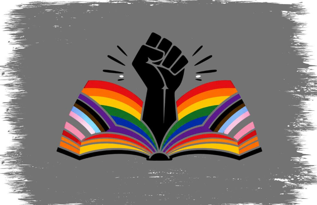 An open book made with all the PRIDE colors and a black fist coming out of it.